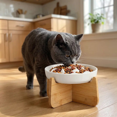 Wooden Stand Ceramic Slow Feeder Bowl